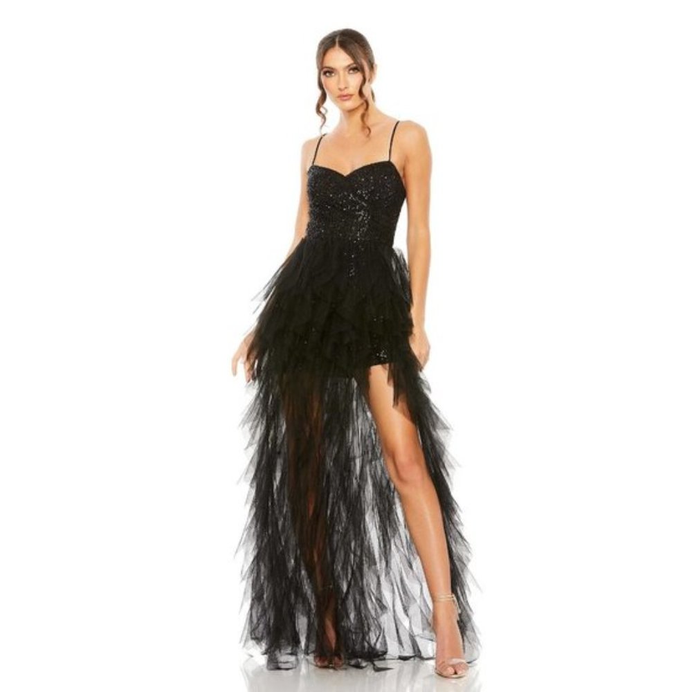 MAC DUGGAL Sequin Ruffle Tulle Gown in Black Size US 8